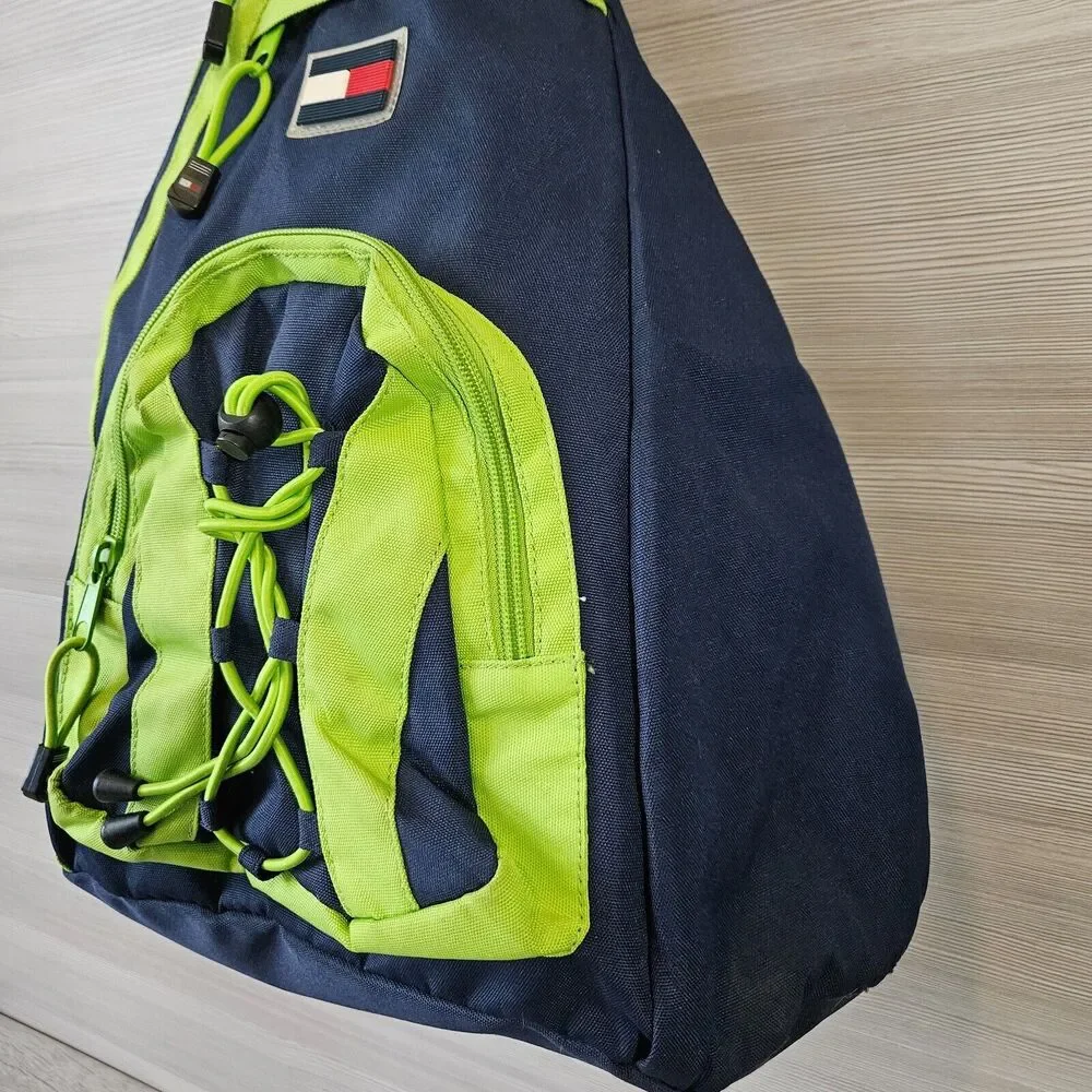 Tommy Hilfiger‎ Logo Blue Lime Green Crossbody Sling Ergo Bag Backpack Vintage